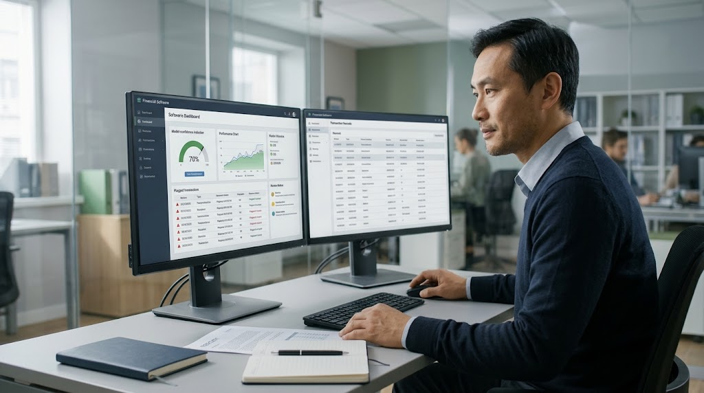 Financial professional reviewing machine-learning risk assessments to ensure responsible banking decisions.