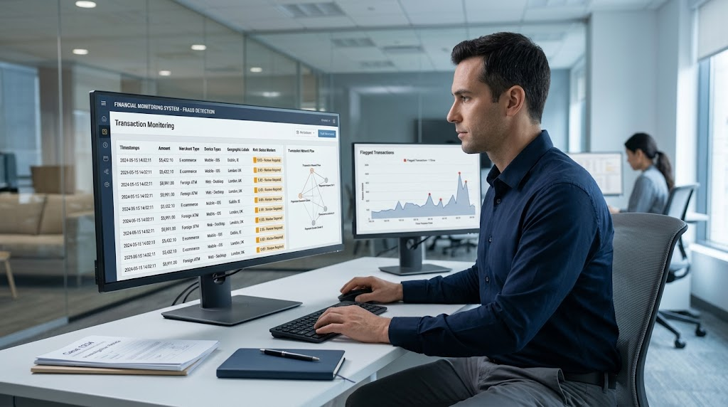 Bank fraud analyst using machine learning to identify suspicious financial transactions.