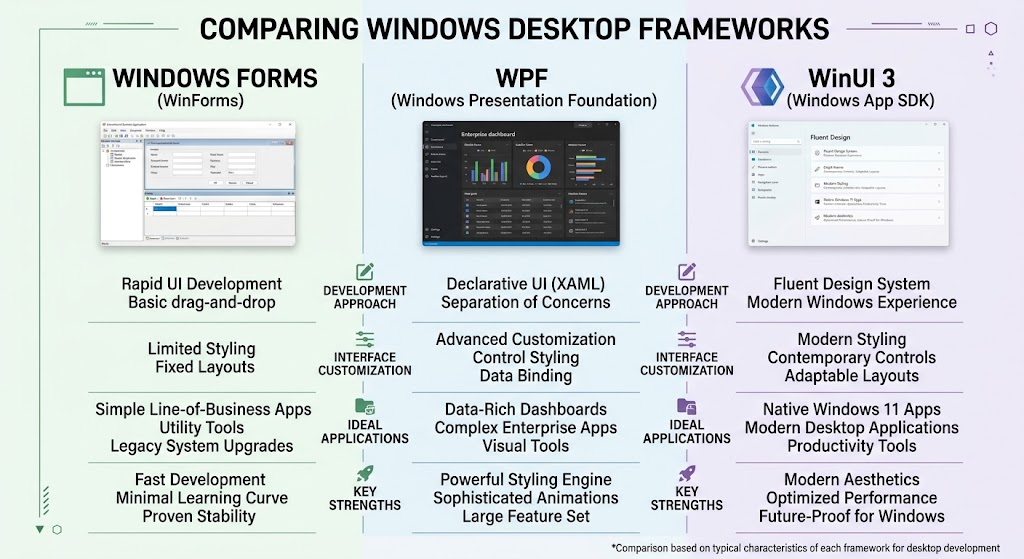 WPF vs. WinUI 3 vs. Windows Forms: Which Framework Should Developers Choose? 4 Comparison infographic showing Windows Forms, WPF, and WinUI 3 features and use cases