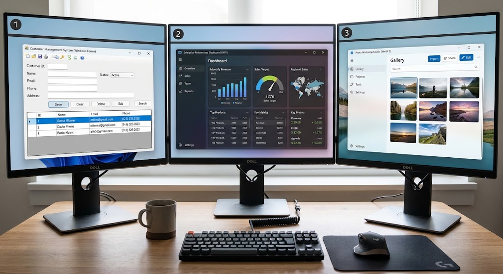 WPF vs. WinUI 3 vs. Windows Forms: Which Framework Should Developers Choose? 3 Windows Forms vs WPF vs WinUI 3 desktop application interface comparison