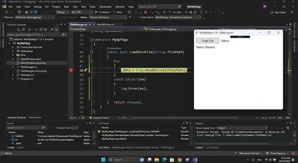 Visual Studio debugger showing C# code, a breakpoint, and diagnostic panels for investigating a Windows application error.