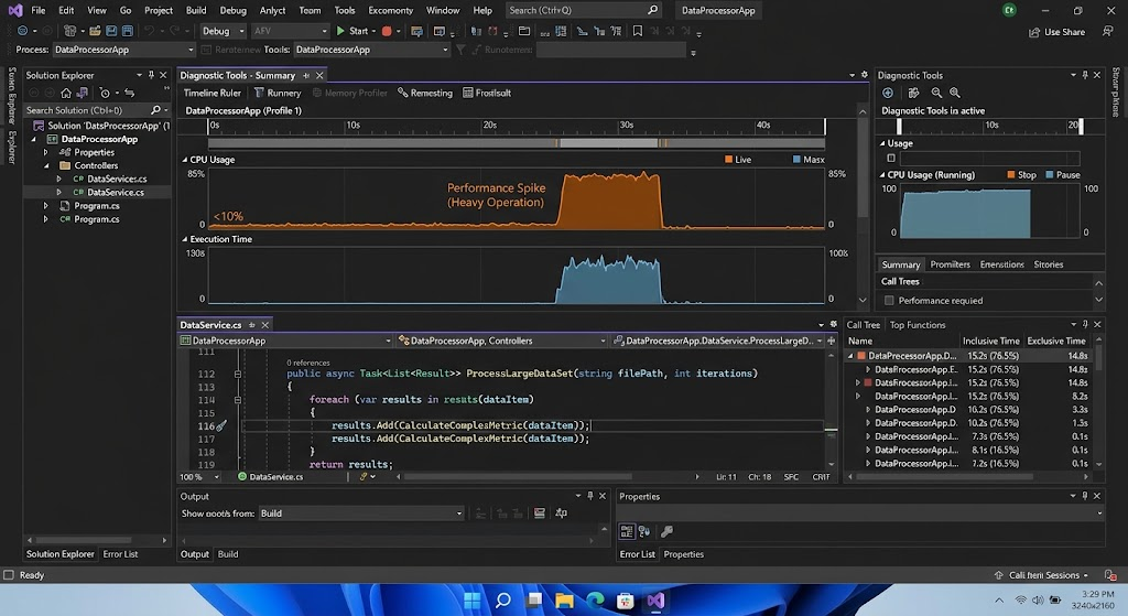 Visual Studio Performance Profiler displaying CPU usage and performance metrics for a Windows application.