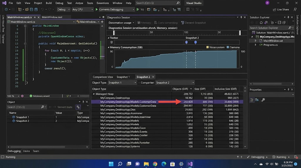 Visual Studio Memory Usage tool comparing memory snapshots to identify potential memory leaks in a Windows application.