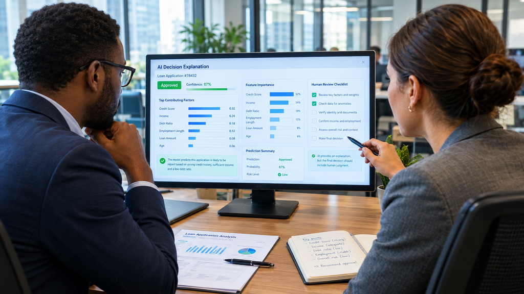 What Is Explainable AI? Understanding How Machine Learning Models Make Decisions 4 Business professionals reviewing an explainable AI prediction to support transparent decisions and human oversight.