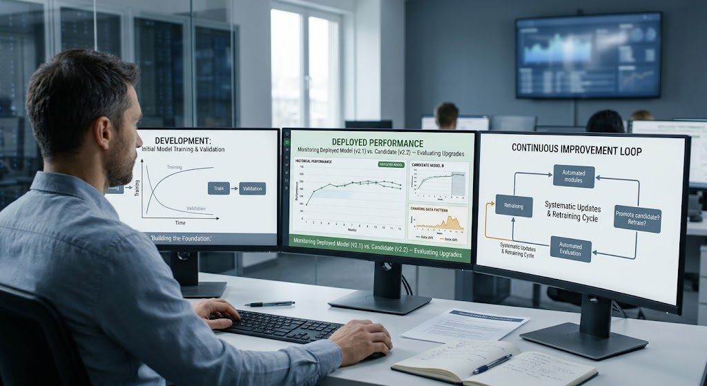 Machine learning engineer monitoring model performance and evaluating an updated model before deployment.