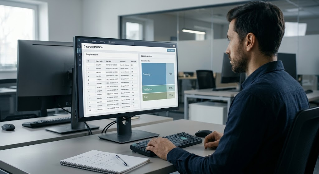 Data scientist organizing training, validation, and test datasets on a machine learning workstation.