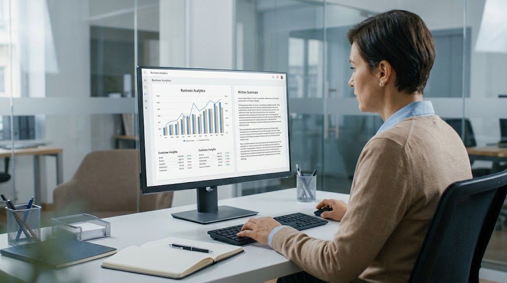 A business analyst reviews AI-generated reports and predictive analytics before making a decision.
