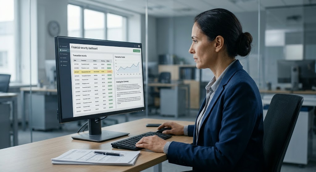 A financial analyst reviews an AI fraud alert and an investigation summary on a computer monitor.