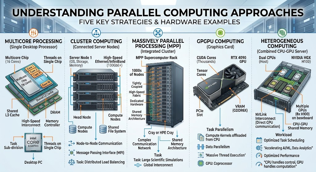 Types of Parallel Computing Architectures and How They Work 5 Visual comparison of multicore, shared-memory, distributed-memory, GPU, and hybrid computing architectures