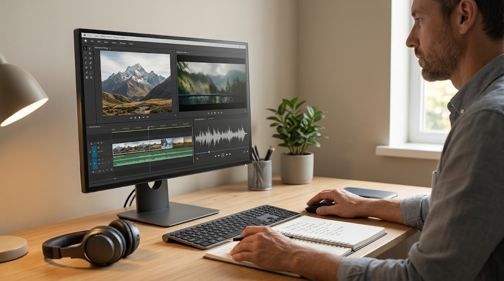 Digital creator reviewing AI-generated images, video, and audio for accuracy and quality.