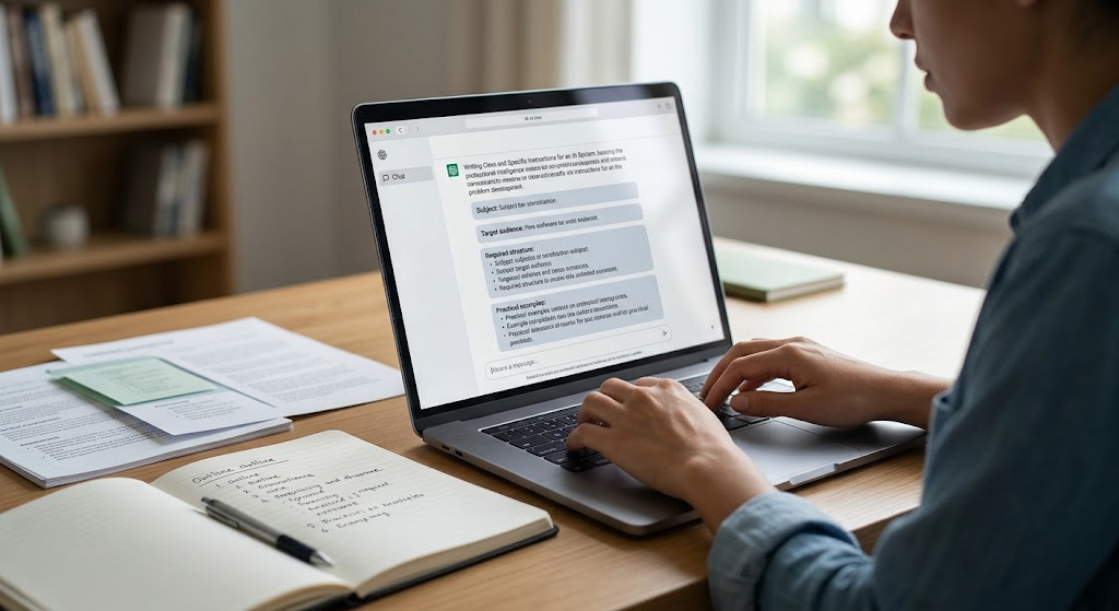 How to Write Effective AI Prompts: Practical Techniques for Better Results 2 Person writing clear and specific instructions for an AI system on a laptop.