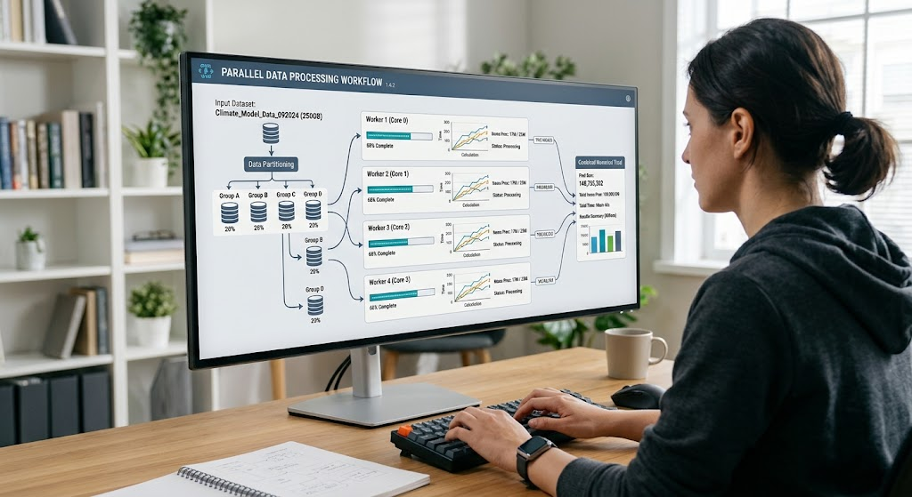 Parallel computing workflow dividing numerical data among four workers and combining their results.