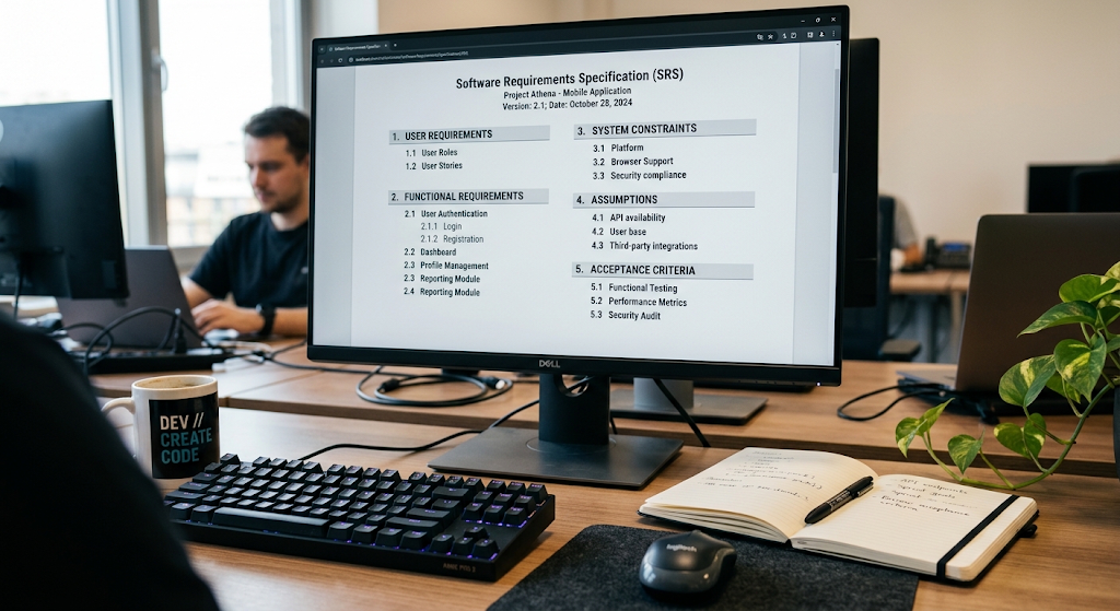 Software Requirements Specification document showing software project requirements