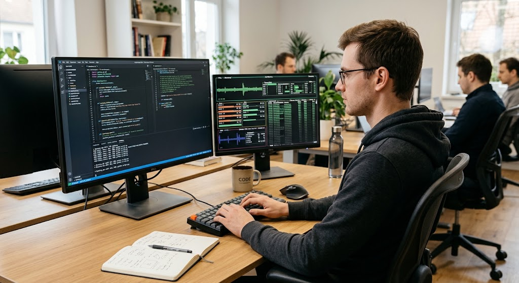 Software developer writing parallel programming code while monitoring multiple CPU cores