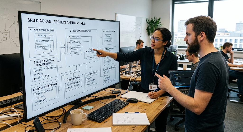 Software requirements specification components including functional and non-functional requirements