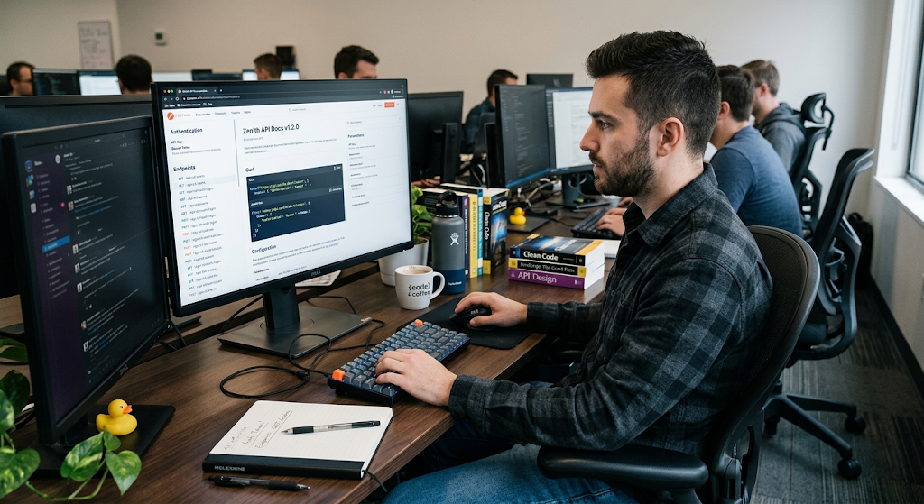 Developer reviewing API and technical documentation