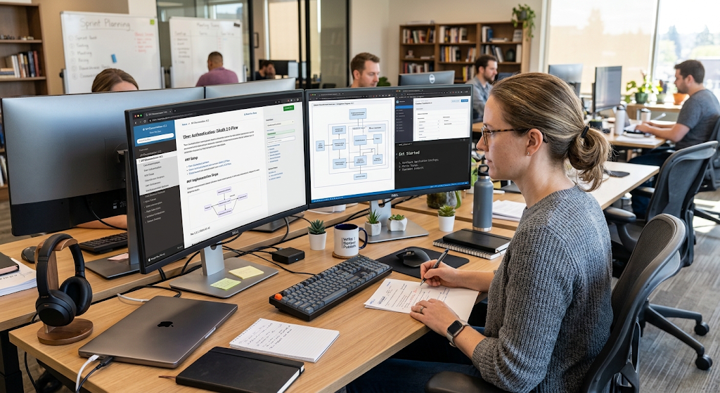 Technical writer reviewing and updating software documentation