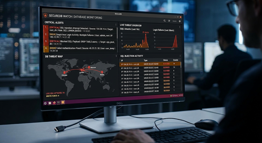 Database Security: How to Protect Data From Unauthorized Access 4 Database security monitoring dashboard detecting suspicious login attempts and SQL injection threats