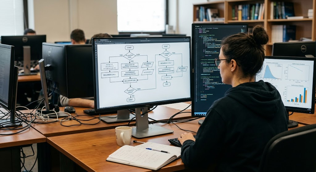 Developer analyzing algorithms, combinations and discrete probability concepts