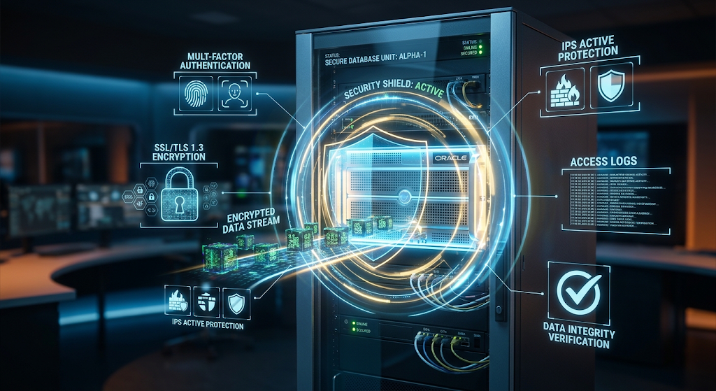 Database Security: How to Protect Data From Unauthorized Access 2 Secure database server protected by encryption, authentication, and cybersecurity shields