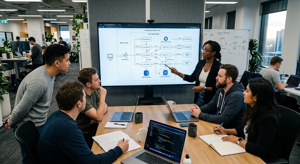Developers reviewing a software system architecture diagram