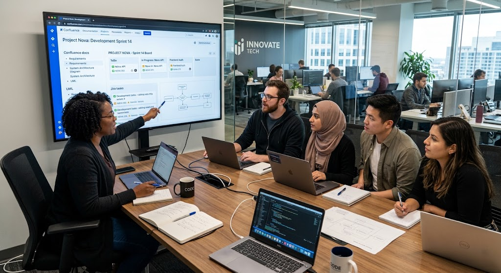 Software development team collaborating on technical documentation