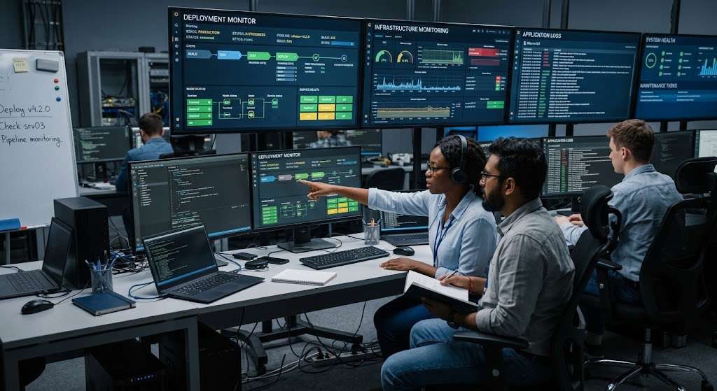 DevOps engineers monitoring software deployment and system maintenance
