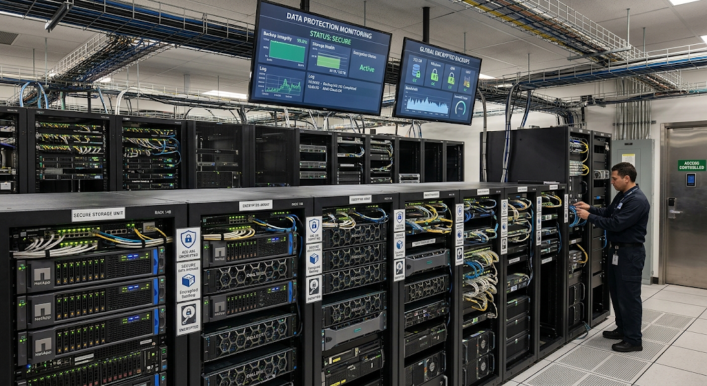 Database Security: How to Protect Data From Unauthorized Access 5 Secure server room with encrypted database storage and backup systems for data protection
