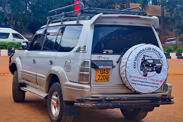 4x4 safari vehicle on dirt road in Uganda with tourists on game drive viewing wildlife in national park