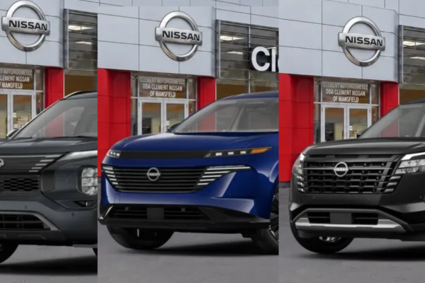 Three Nissan SUVs - Rogue, Murano, and Pathfinder - parked side by side for comparison of features and size differences.