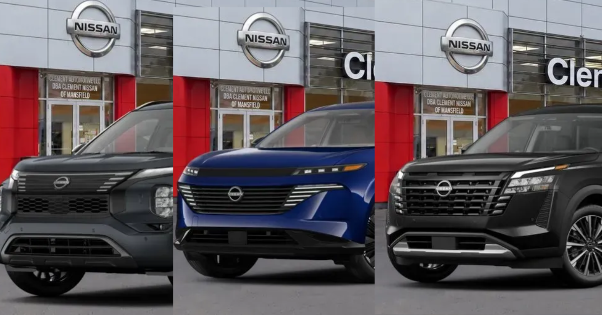 Three Nissan SUVs - Rogue, Murano, and Pathfinder - parked side by side for comparison of features and size differences.