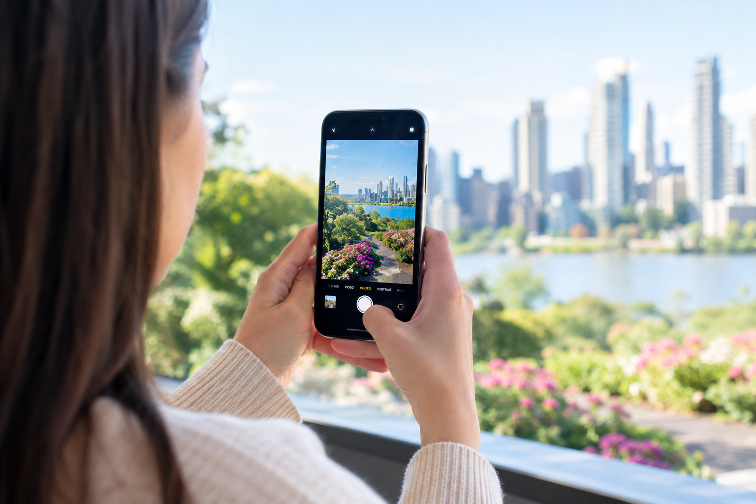 A person using a smartphone to capture a cityscape, illustrating machine learning in everyday life